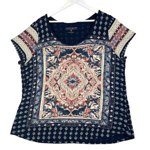 LUCKY BRAND Short Sleeve Boho Top Womens Size 2X Cotton Modal  Blue Orange Tan